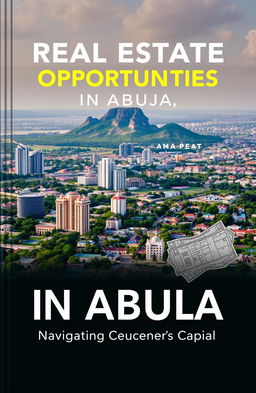 A sleek, modern book cover featuring an aerial view of Abuja, Nigeria, showcasing the iconic Aso Rock in the background