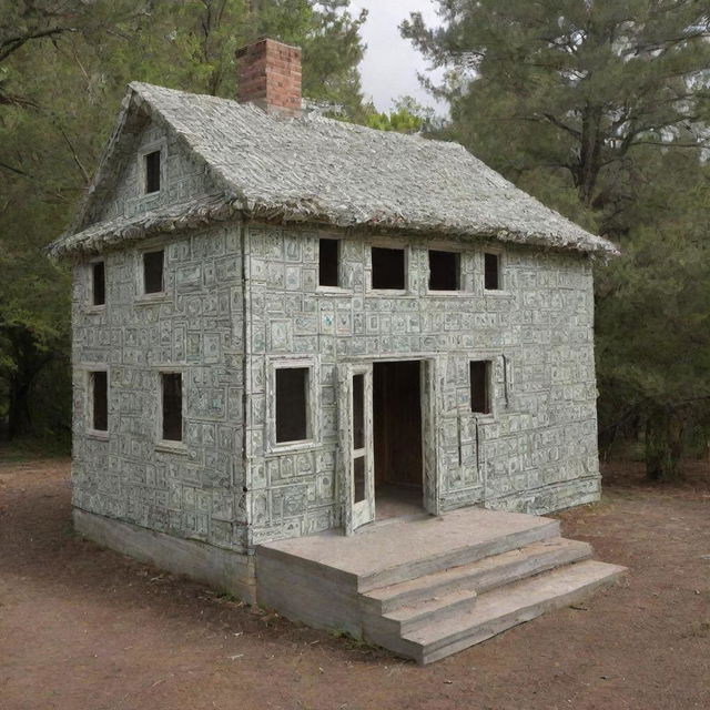 A quirky and detailed house constructed entirely from one hundred dollar bills