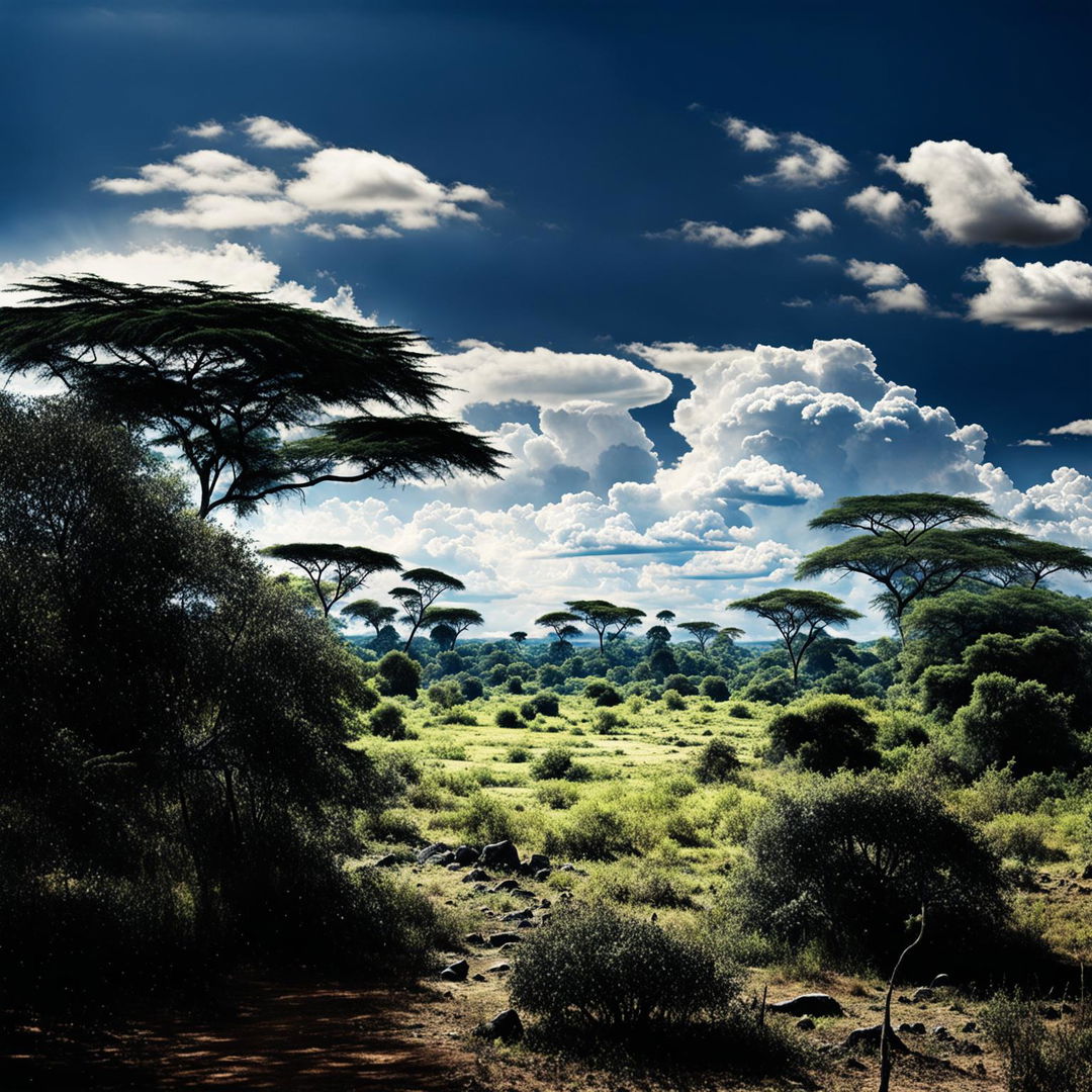 Vibrant high-definition cinema photography style shot of an African landscape with perfect and intense lighting effects.