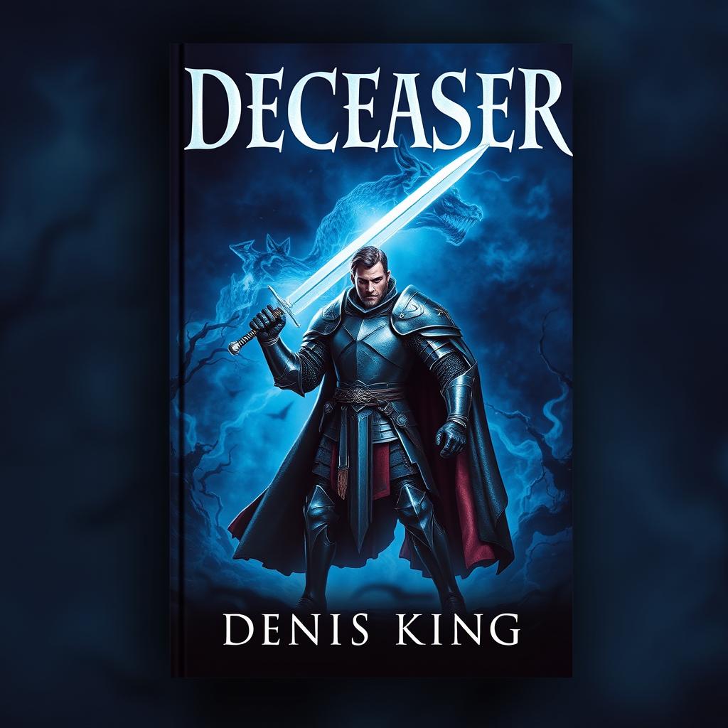 An enchanting book cover for 'DECEASER', set in a dark fantasy world dominated by deep navy blue hues