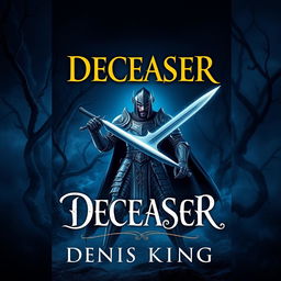 An enchanting book cover for 'DECEASER', set in a dark fantasy world dominated by deep navy blue hues