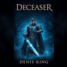 An enchanting book cover for 'DECEASER', set in a dark fantasy world dominated by deep navy blue hues