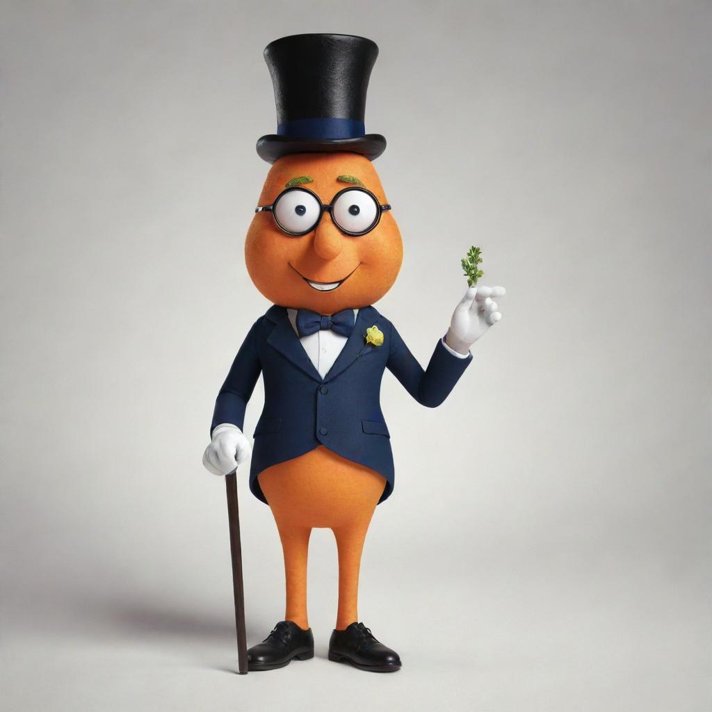 A well-dressed carrot character portraying a rich businessman, sporting a tailored suit, monocle, top hat, and holding an ornate walking cane.