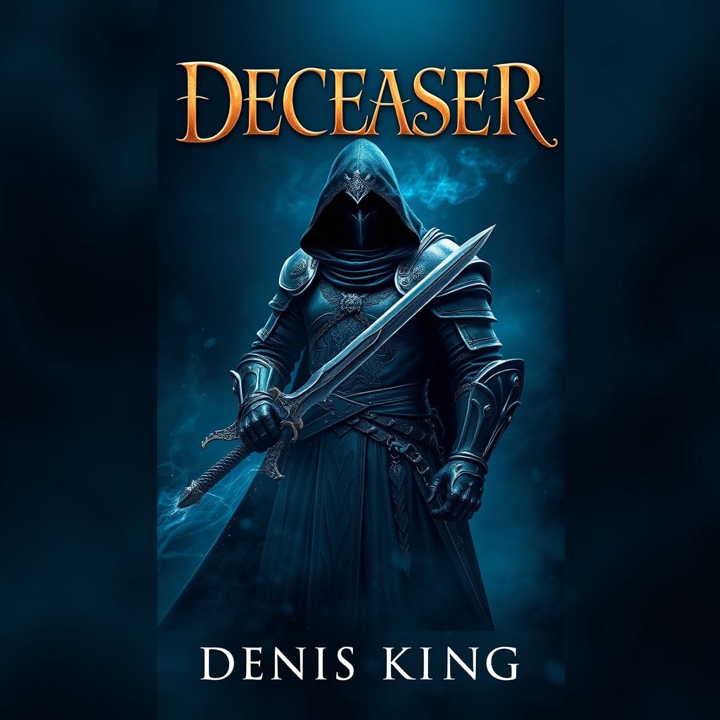 An enchanting book cover for 'DECEASER', set in a dark fantasy world enveloped in deep navy blue tones