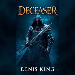 An enchanting book cover for 'DECEASER', set in a dark fantasy world enveloped in deep navy blue tones