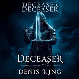 An enchanting book cover for 'DECEASER', set in a dark fantasy world enveloped in deep navy blue tones