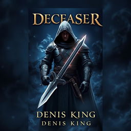 An enchanting book cover for 'DECEASER', set in a dark fantasy world enveloped in deep navy blue tones