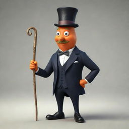 A well-dressed carrot character portraying a rich businessman, sporting a tailored suit, monocle, top hat, and holding an ornate walking cane.