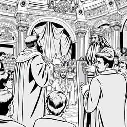 A dramatic black and white illustration depicting the moment of honor bestowed upon Mordecai by King Ahasuerus, with his enemy Haman present