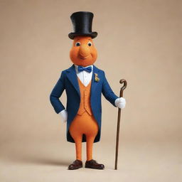 A well-dressed carrot character portraying a rich businessman, sporting a tailored suit, monocle, top hat, and holding an ornate walking cane.