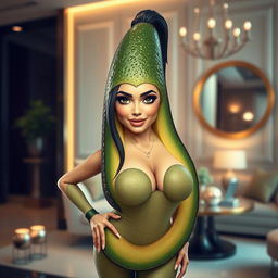 A playful and imaginative depiction of Kim Kardashian reimagined as a stylish avocado