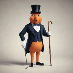 A well-dressed carrot character portraying a rich businessman, sporting a tailored suit, monocle, top hat, and holding an ornate walking cane.