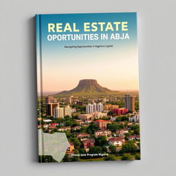 A sleek, modern book cover featuring an aerial view of Abuja, Nigeria, prominently showcasing the iconic Aso Rock in the background