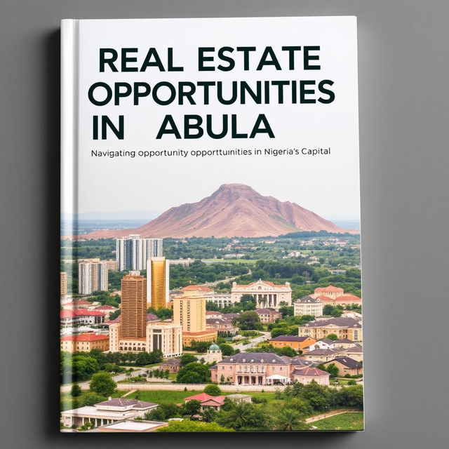 A sleek, modern book cover featuring an aerial view of Abuja, Nigeria, prominently showcasing the iconic Aso Rock in the background