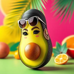 A whimsical and creative portrayal of Kim Kardashian reimagined as a stylish avocado