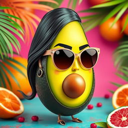 A whimsical and creative portrayal of Kim Kardashian reimagined as a stylish avocado