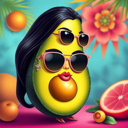 A whimsical and creative portrayal of Kim Kardashian reimagined as a stylish avocado