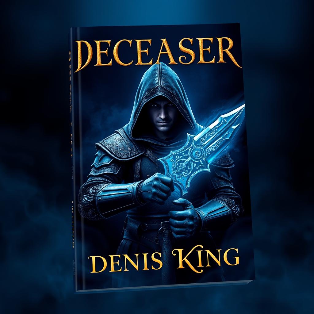 An immersive book cover for 'DECEASER', set in a dark fantasy world awash in deep navy blue tones