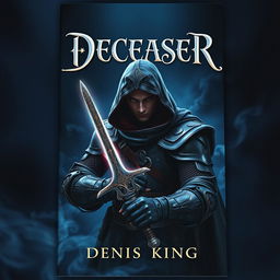 An immersive book cover for 'DECEASER', set in a dark fantasy world awash in deep navy blue tones