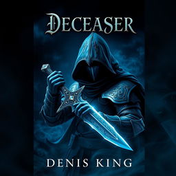 An immersive book cover for 'DECEASER', set in a dark fantasy world awash in deep navy blue tones