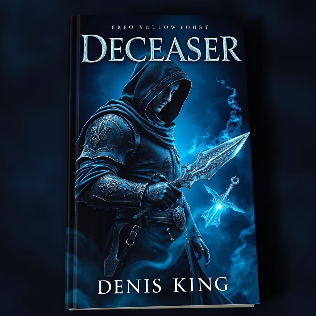 An immersive book cover for 'DECEASER', set in a dark fantasy world awash in deep navy blue tones