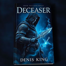 An immersive book cover for 'DECEASER', set in a dark fantasy world awash in deep navy blue tones