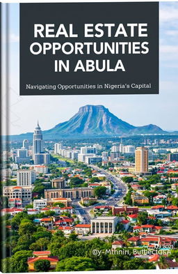 A sleek, modern book cover featuring an aerial view of Abuja, Nigeria, with the iconic Aso Rock prominently displayed in the background