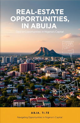 A sleek, modern book cover featuring an aerial view of Abuja, Nigeria, with the iconic Aso Rock prominently displayed in the background