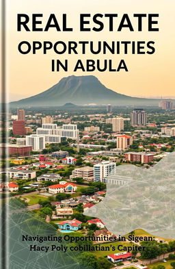 A sleek, modern book cover featuring an aerial view of Abuja, Nigeria, with the iconic Aso Rock prominently displayed in the background