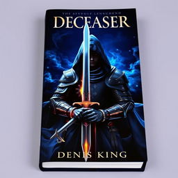 An immersive book cover for 'DECEASER', set in a dark fantasy world suffused with rich navy blue tones