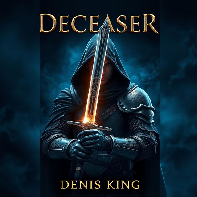 An immersive book cover for 'DECEASER', set in a dark fantasy world suffused with rich navy blue tones