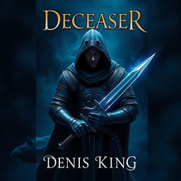 An immersive book cover for 'DECEASER', set in a dark fantasy world suffused with rich navy blue tones