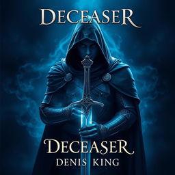 An immersive book cover for 'DECEASER', set in a dark fantasy world suffused with rich navy blue tones