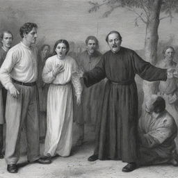 Illustrate a heart-wrenching scene from 'Noli Me Tangere' where Padre Salvi is savagely beating Crispin while various onlookers react with horror and sadness.