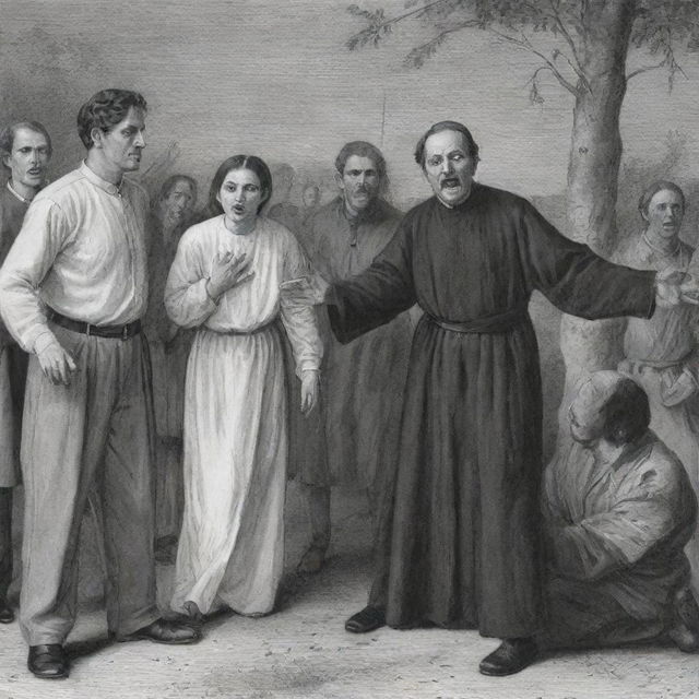 Illustrate a heart-wrenching scene from 'Noli Me Tangere' where Padre Salvi is savagely beating Crispin while various onlookers react with horror and sadness.