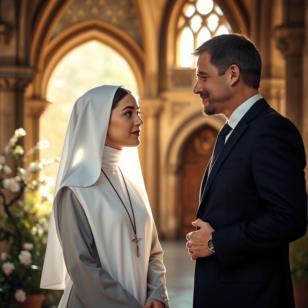 A romantic scene depicting a young novice nun in a serene cloister, surrounded by soft sunlight filtering through ancient stone arches