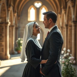 A romantic scene depicting a young novice nun in a serene cloister, surrounded by soft sunlight filtering through ancient stone arches