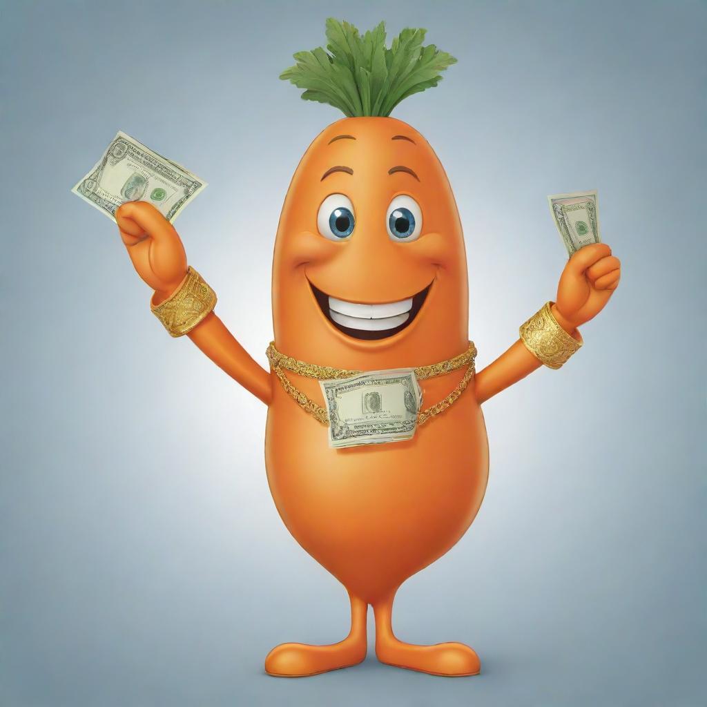 A cartoon drawing of a charismatic carrot flashing a rich smile. He is dressed in expensive clothes with gold accents, holding a bag of money in one hand.