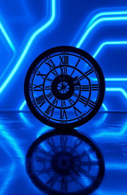 A futuristic clock design on a black floor, featuring Roman numerals in a spiraling reel pattern at the center