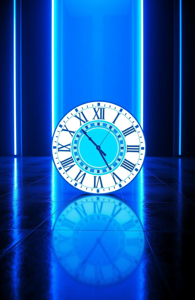 A futuristic clock design on a black floor, featuring Roman numerals in a spiraling reel pattern at the center