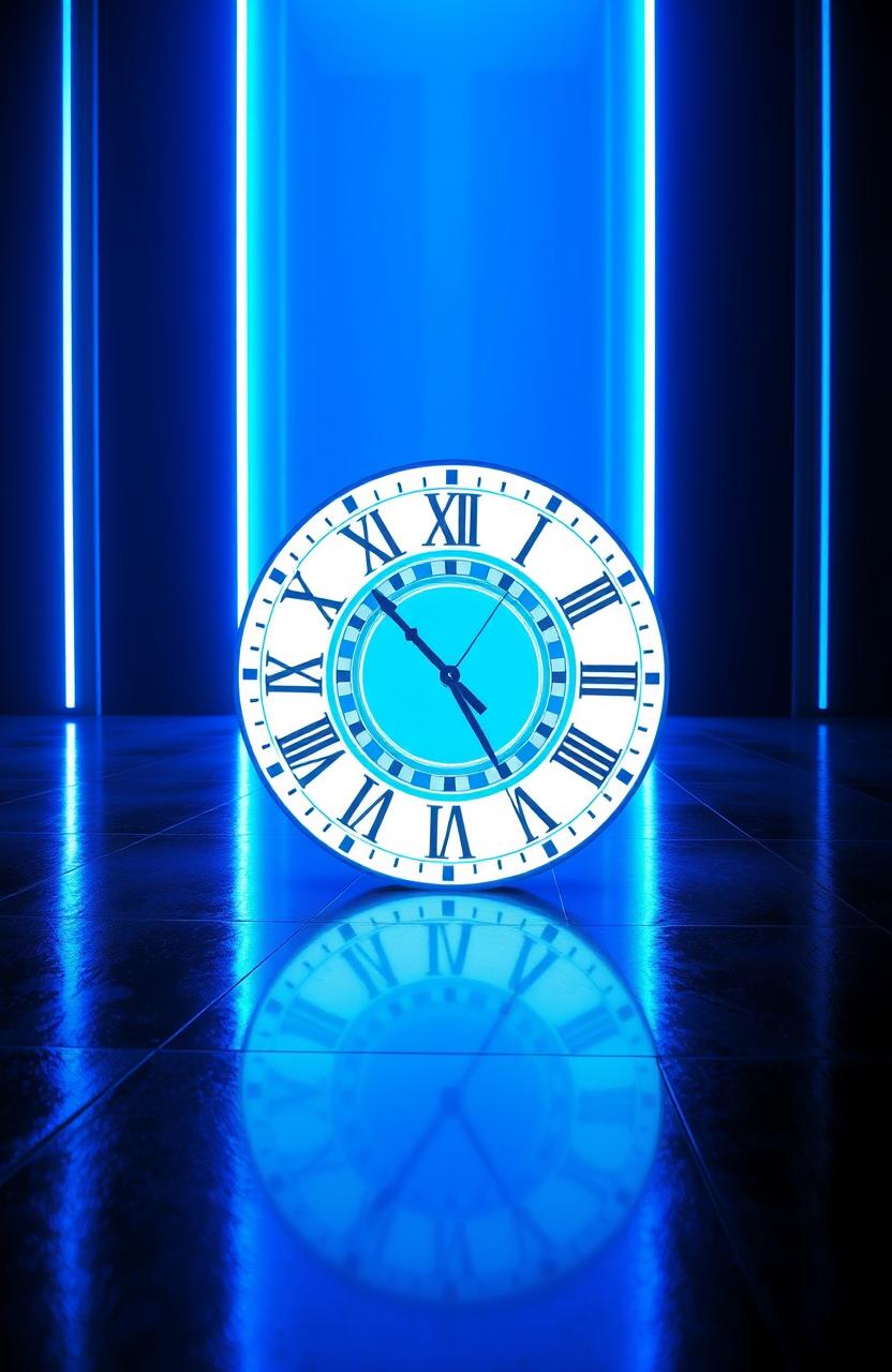 A futuristic clock design on a black floor, featuring Roman numerals in a spiraling reel pattern at the center