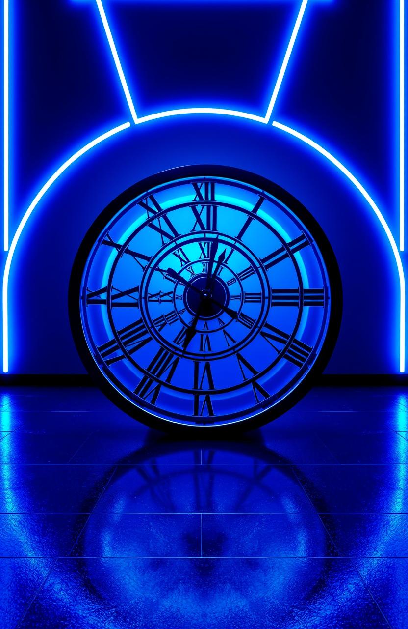 A futuristic clock design on a black floor, featuring Roman numerals in a spiraling reel pattern at the center