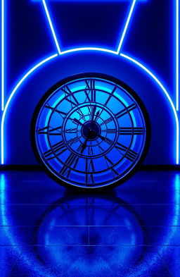 A futuristic clock design on a black floor, featuring Roman numerals in a spiraling reel pattern at the center