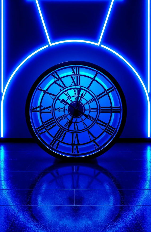 A futuristic clock design on a black floor, featuring Roman numerals in a spiraling reel pattern at the center