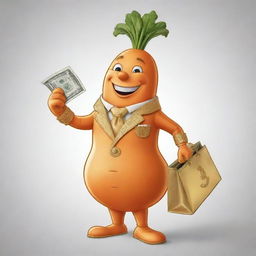 A cartoon drawing of a charismatic carrot flashing a rich smile. He is dressed in expensive clothes with gold accents, holding a bag of money in one hand.