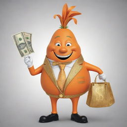 A cartoon drawing of a charismatic carrot flashing a rich smile. He is dressed in expensive clothes with gold accents, holding a bag of money in one hand.