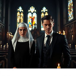 A young nun novice in a traditional black and white habit with a serene expression, standing in a dimly lit chapel filled with candles, conveying a sense of mystery and temptation