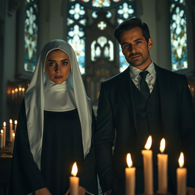 A young nun novice in a traditional black and white habit with a serene expression, standing in a dimly lit chapel filled with candles, conveying a sense of mystery and temptation