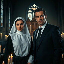 A young nun novice in a traditional black and white habit with a serene expression, standing in a dimly lit chapel filled with candles, conveying a sense of mystery and temptation