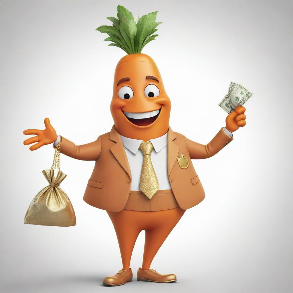 A cartoon drawing of a charismatic carrot flashing a rich smile. He is dressed in expensive clothes with gold accents, holding a bag of money in one hand.